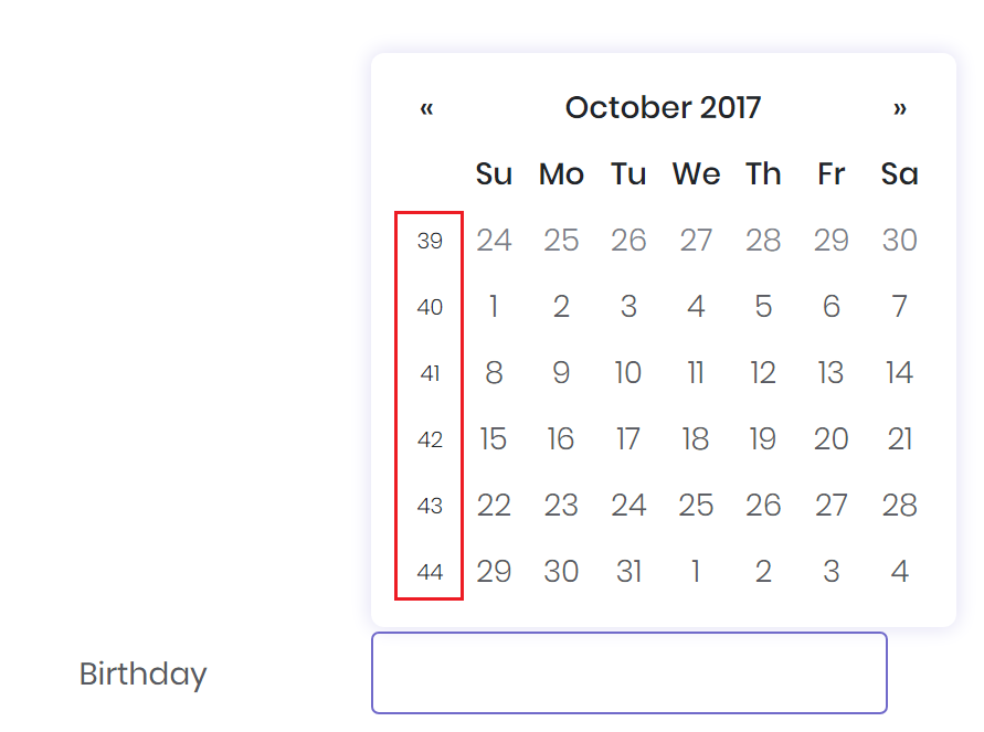 Datepicker Calendar Weeks